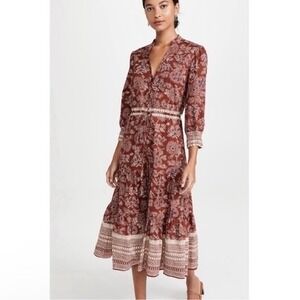 Veronica Beard Swedie Print Tiered Dress Long Sleeve V-Neck Size 10 NWOT